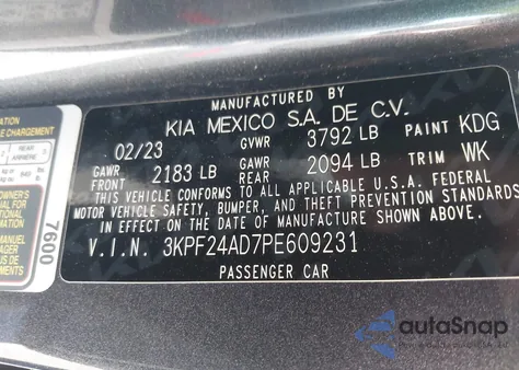 2023 Kia Forte Lx from USA, damaged, VIN 3KPF24AD7PE609231